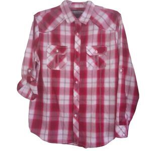 MK MACHINE men's x-large red white plaid button up long sleeve shirt